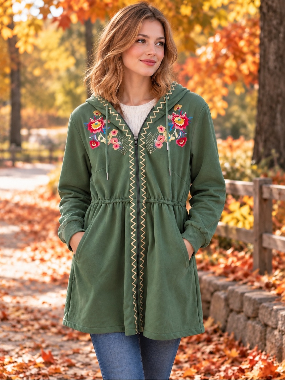 Solitaire Hooded Sweatshirt Jacket with Floral Embroidery